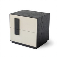 Table de chevet moderne en MDF E0 avec plateau en bois, 2 tiroirs, poignées verticales, style minimaliste et écologique, pour chambre à coucher et mobilier de maison