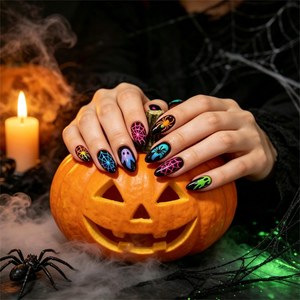 24 faux ongles néon <span class=keywords><strong>Halloween</strong></span> à pression, motif fantôme et toile <span class=keywords><strong>d</strong></span>'araignée lumineux, <span class=keywords><strong>manucure</strong></span> tendance pour <span class=keywords><strong>Halloween</strong></span>, cosplay, fête et <span class=keywords><strong>d</strong></span>écoration quotidienne - Product Image 1