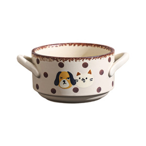 Bol en céramique à double anse motif pois, motif chiot mignon, couleur sous-glaçure de haute qualité, résistant à la chaleur, pour salade et desserts, compatible micro-ondes - Product Image 4
