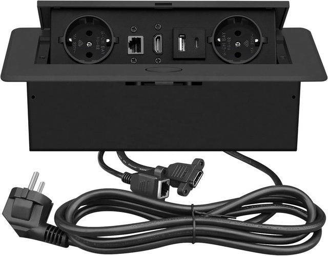 Black EU Power Built in Desktop Conference Table Press Damped Pop up USB Data Socket Box / Recessed Hidden Mounted Power Socket