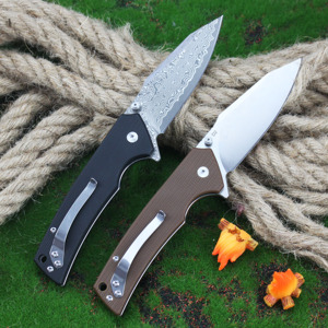 سكين جيب قابل للطي Tunafire طراز GT-DM018 تكتيكي قابل للتخصيص بنصل من الفولاذ الدمشقي/D2، قفل بزر، نصل من فولاذ D2 ومقبض G10 - Product Image 2