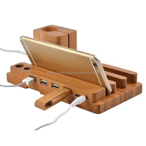 Stazione di ricarica in bambù 4A di vendita calda 4 Dock Station per porte USB in legno per Tablet Apple Watch per telefoni cellulari