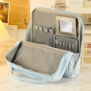 Large Capacity Cosmetic Bag With Mirror Zipper Closure Portable <b>Makeup</b> Organizer Travel Storage <b>Case</b> Solid Color Beige - Product Image 3