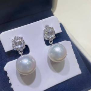 10-11mm Edison Pearl Drop Earrings, Near Round High Luster Slight Blemish Pearl, 925 Sterling Silver Rectangle Crystal earring - Product Image 4