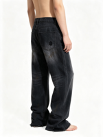 Jean en denim pour homme, coupe droite, délavé vintage, avec déchirures et patchs, vente en gros pour vêtements streetwear personnalisés