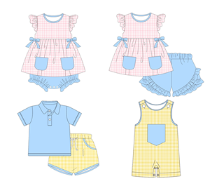 Conjuntos de Shorts para Niños con Estampado a Cuadros de Verano, Ropa para Bebés con Volantes, Estilo Romper para Niños, Conjuntos a Juego para Hermanos, Ropa para Bebés al por Mayor - Product Image 1