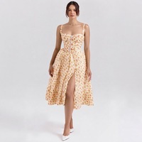Gaun Midi Kasual Musim Gugur Model Bodycon Berdetail Pinggang Melebar dengan Tali Spaghetti dan Belahan Samping, Cocok untuk Kerja dan Liburan, dari Pabrik Sumber ODM OEM
