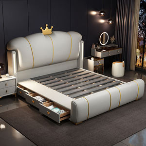 Итальянская роскошная мягкая кровать размера King/Queen с местом для хранения, кожаная кровать, современная высококачественная кровать, обитая тканью, с ночником, мебель для спальни - Product Image 4