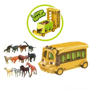 Nieuwkomers Kind Pretend Play Gratis Wiel Speelgoed Auto Bos Avontuur Leeuw Bus Scene Speelgoed Voor Kid Met 12 Dinosaurussen wilde Dieren