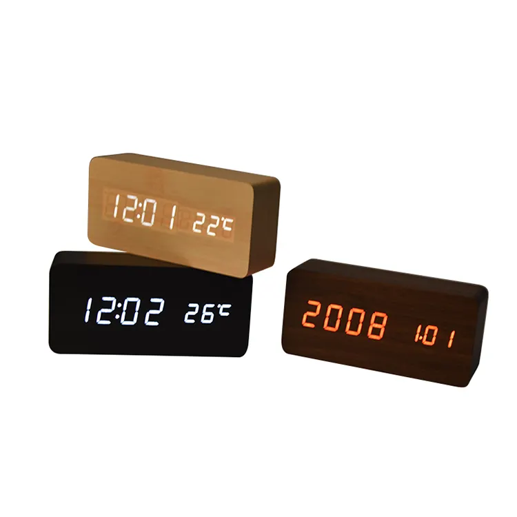 Temperature Display Cool Household Battery Power Night Light Clocks Travel Bedroom MDF Wooden LED Digital Alarm Clock With Logo