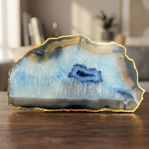 Vente en gros de plateau en pierre d'agate bleue avec bord doré, artisanat en cristal, pierres naturelles, pierres Reiki, minéraux, plateau de service féerique - Product Image 3