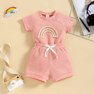 Conjunto de Ropa para Bebé al por Mayor, Camiseta de Manga Corta y Pantalones Cortos con Estampado de Arcoíris Tipo Waffle - Product Image 5