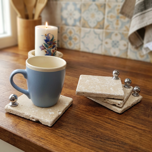 Elegant Travertine <b>Coaster</b> Set of 4 Tumbled Square Natural Stone <b>Coasters</b> With <b>Silver</b> Ball Accessory for Coffee Table Tea - Product Image 1