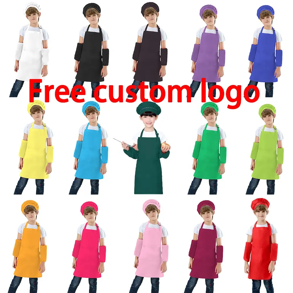 Cheap Polyester Cotton Plain Kids Cooking Drawing Apron Set for Kids