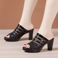 Sandales à talon épais en strass, à bout ouvert, imperméables, en maille, à bride unique, talon compensé 6-8 cm, pour femme, été, extérieur, en PU