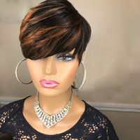 Perruque courte droite en cheveux humains, couleur 1B/30 noir avec mèches brunes, coupe pixie, fabriquée à la machine, pour femmes noires, ondulée en couches