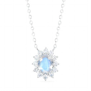 Women's 925 Silver Rhodium Plated Oval Crystal Pendant <b>Necklace</b> Flower Shape Claw Setting Classic Link Chain Wedding Jewelry - Product Image 1