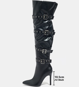 Bottes cuissardes style punk pour femme avec boucle, fermeture éclair, bout pointu, talons de soirée pour strip-teaseuses - Product Image 2