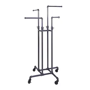 Retail Shop Industrial Style Cloth Display Adjustable Height Metal Four Way Pipe Clothing Rack