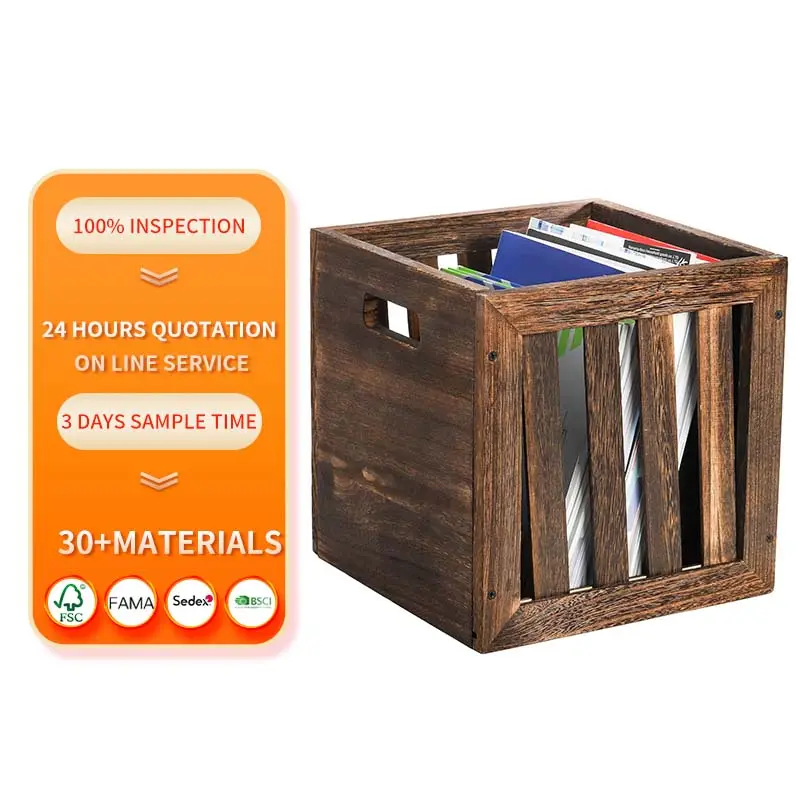 Caixa de madeira rústica para armazenamento de livros, organizador de prateleira de brinquedos com alças, caixa de madeira em cubo