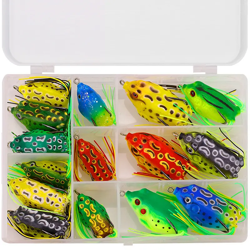 WEIHE 5 pièces/15 pièces grenouille appâts de pêche combo kit de leurre de pêche souple kits de boîte de matériel pesca pvc grenouilles unité