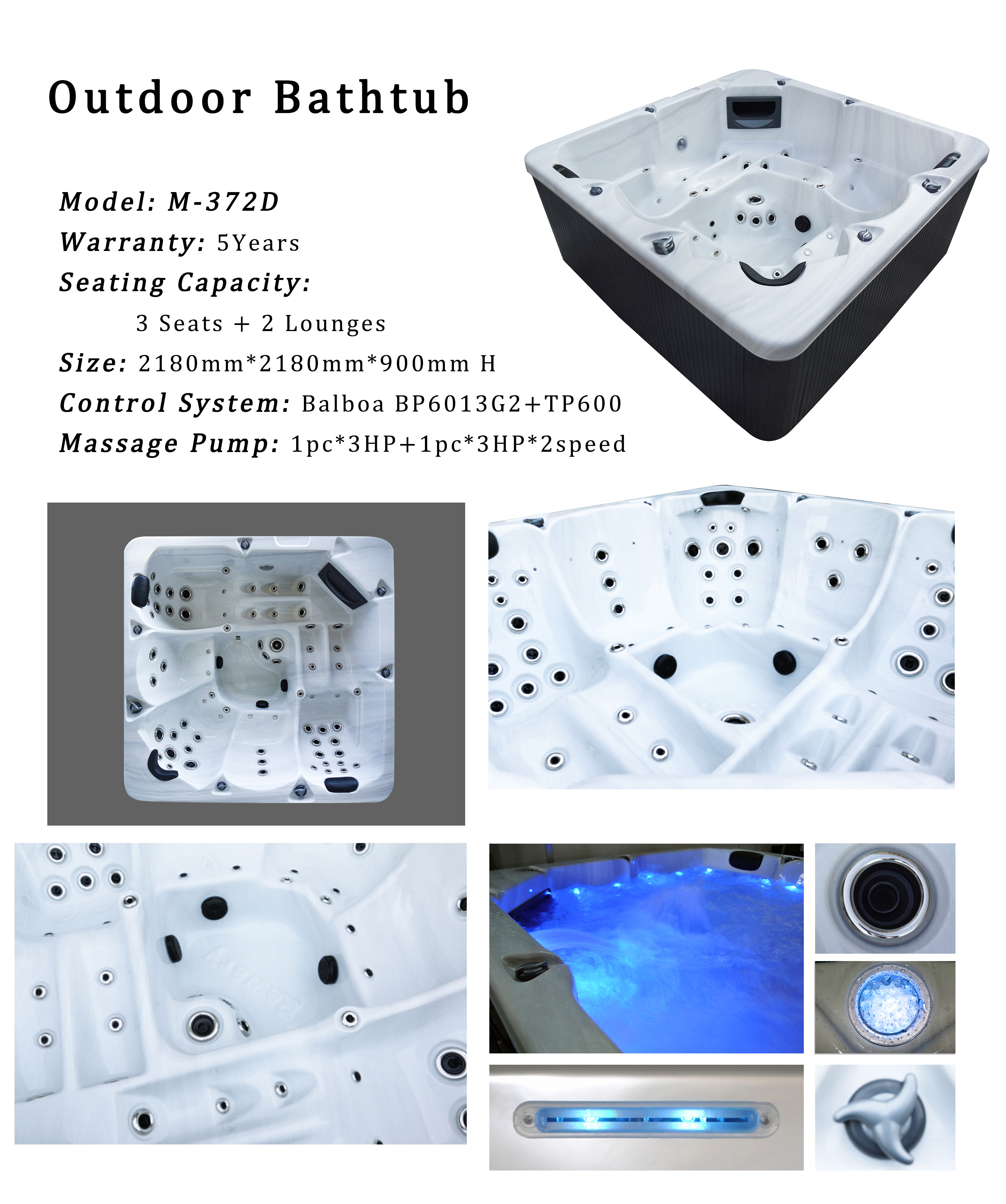 5 People Big Size Acrylic Hydro Massage Bathtub Hot Tub Spa With Air Bubble Nozzles