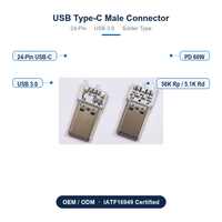 Conector USB Tipo C Macho de 24 Pines, USB 3.0 de Alta Velocidad, a C Rp 56K, C a C 60W 3A, Montaje SMT a Través de Orificio en PCB