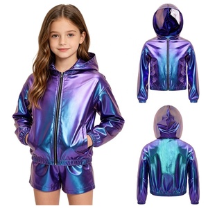 Chaqueta Metálica con Capucha para Niñas, con Cierre, Iridiscente, Holográfica, Cortavientos, Conjunto de Disfraz de Baile Urbano para Niñas con Pantalones Cortos, Personalizado - Product Image 2