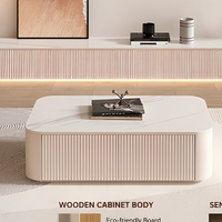 Ensemble meuble TV et table basse de salon moderne et minimaliste avec plateau en pierre frittée, meuble en bois, bande LED à capteur, fixation au sol
