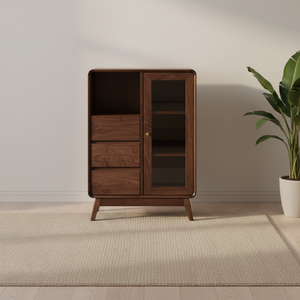 Coffre de rangement moderne minimaliste en noyer noir - Étagère ouverte en verre, 3 tiroirs, meuble bas (éco-responsable et durable) pour - Product Image 1