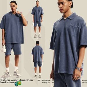 Traje de 2 piezas para hombre <span class=keywords><strong>Camiseta</strong></span> de peso pesado con cuello doblado Deportes High Street Athletic Wear Shorts y Polo Vintage Graphic T Shirt Set - Product Image 1
