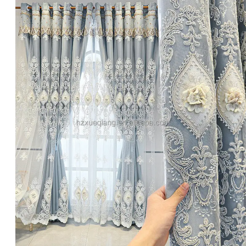W-028 BDZN Atacado Estilo Europeu Alta Qualidade 3D Em Relevo Bordado Floral Dupla Camada Janela cortinas para a sala de estar