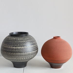 Antique Vintage Orange Ceramic <b>Vase</b> Simple Retro Design with Floral Pattern Colorful <b>Set</b> for Home Decor and Flower Arrangement - Product Image 1