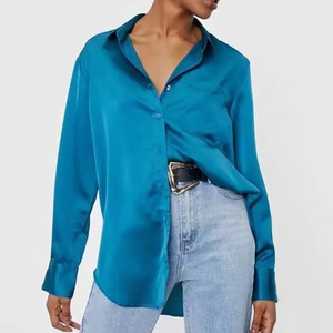 أزياء Blusas en الساتان Elegantes السيدات الأزرق الساتان قميص بلوزة الربيع الشارع الكلاسيكية مكتب طويلة الأكمام بلوزة المرأة - Product Image 4
