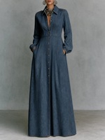 Vente en gros : Robe longue ample en jean à col, style européen et américain, manches longues, coupe ample, type cardigan, chemisier-jupe
