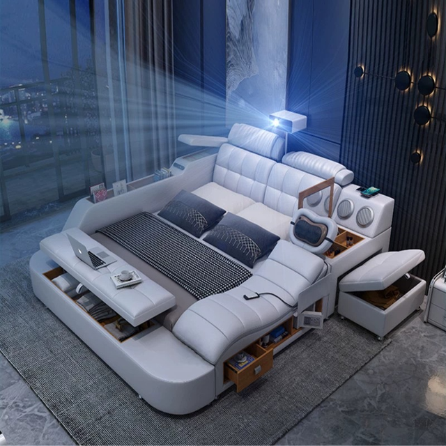 Multifunctional Smart Platform Bed with Projector, Massage Function and Side Storage Compartments
