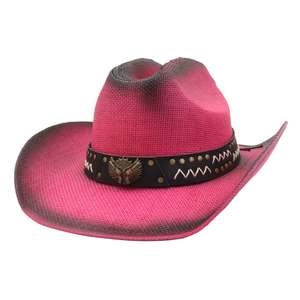Sombrero de paja N50 estilo casual occidental hecho a mano con ala ancha y cinturón de cuero para pesca al aire libre - Product Image 5
