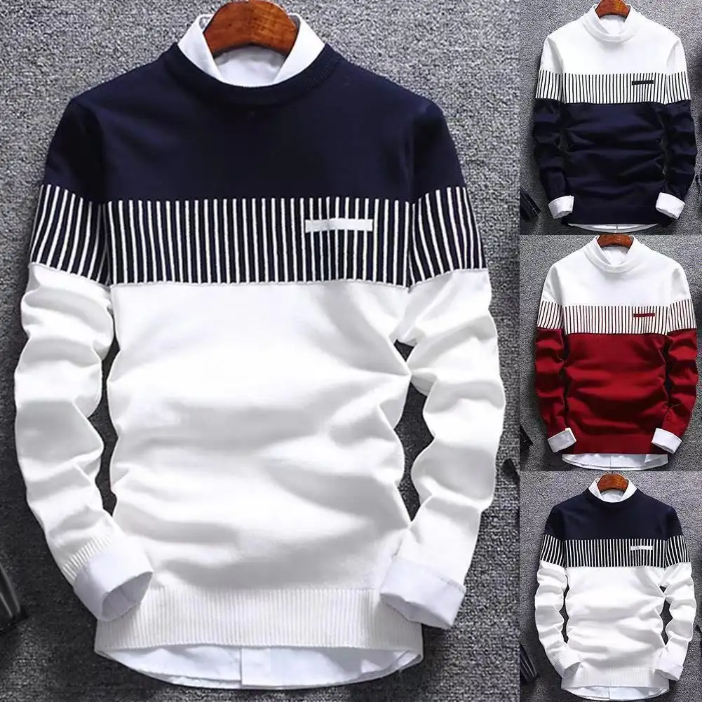 Affaires en gros pas cher personnalisé col rond hiver mode rayé décontracté coton hommes pull tricot pull