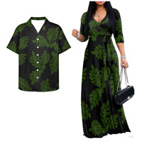 Chemise Hawaïenne ou Robe Hawaïenne Assortie pour Couple, Imprimés Personnalisés, Motif Tapa Polynésien Or et Noir, Maxi à Nouer à la Taille avec Poche