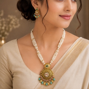 Traditional 22k Gold Multi Strand <b>Pearl</b> <b>Necklace</b> <b>Set</b> with Antique Pendant and Matching Earrings for Women - Product Image 6
