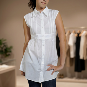 Blusa Clásica con Botones para Mujer, Elegante Túnica Blanca sin Mangas de Gasa con Detalles Plisados, 100% Algodón, Corte Holgado - Product Image 3