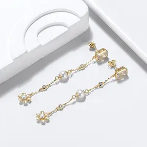 OYA Jewelry 925 Serling Silver Luxury Pearl Drop Flower and Large Zircon Women Stud Earrings