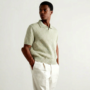 Polo personnalisé pour homme à manches courtes, col Johnny, en mélange coton-lin, tricot épais, coupe décontractée, patte de boutonnage ouverte, poignets côtelés, mélange de couleurs - Product Image 1