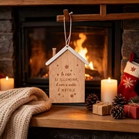 Hölzernes Weihnachtshaus-Ornament mit Lasergravur Italienisches Zitat Schneeflocken-Hängedekoration für Weihnachtsbaum Feiertagsgeschenk