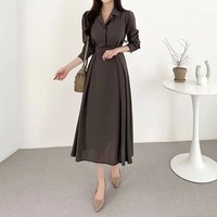 Nouvelle mode femmes longues robes revers chemise col robe à manches longues français élégant couleur unie bureau dame robe décontractée