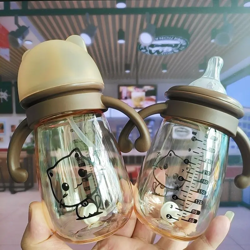 Seaygift sızdırmaz bpa ücretsiz sevimli karikatür bebek sippy süt kupası ucuz toptan fiyat plastik içme suyu saplı şişe