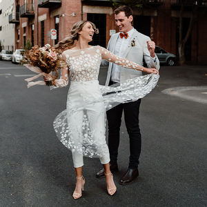 12550 # vraies photos manches longues fleurs dentelle dos nu robe de mariée <span class=keywords><strong>combinaison</strong></span> robe de mariée pour les femmes <span class=keywords><strong>avec</strong></span> balayage train - Product Image 5