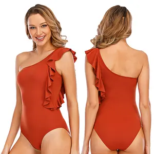 Thiết Kế Rắn Màu Sexy Phụ Nữ Cô Gái Một Mảnh Beachwear Swimsuit Tắm Suit Một Ruffle Vai Đồ Bơi
