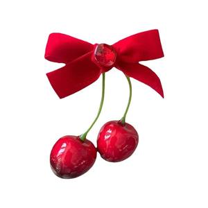 고급스러운 귀여운 달콤한 기질의 소녀 헤어 액세서리 내구성 있는 5cm 사이드 클립 체리 레드 리본 벨벳 소재 내구성 있는 리본 - Product Image 2