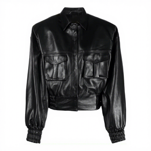 Veste chemise en cuir véritable noir pour femme, col plié, fermeture à boutons-pression, double poche cargo, ourlet froncé, vêtement d'extérieur chaud personnalisé pour l'hiver - Product Image 1